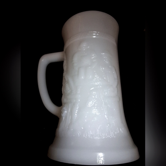 Federal White Milk Glass Steins with Embossed Tavern or Pub Scenes - Picture 2 of 7